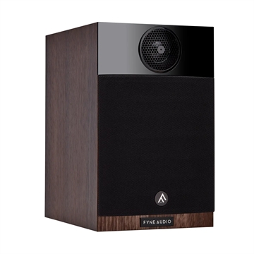 Fyne Audio F300 Kompakt højttaler i valnød Profil forside/front med højttalergitter