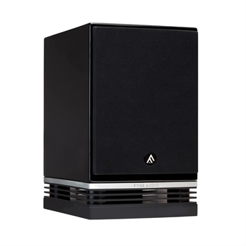 Fyne Audio F500 Kompakt højttaler i Piano sort Profil forside/front med højttalergitter